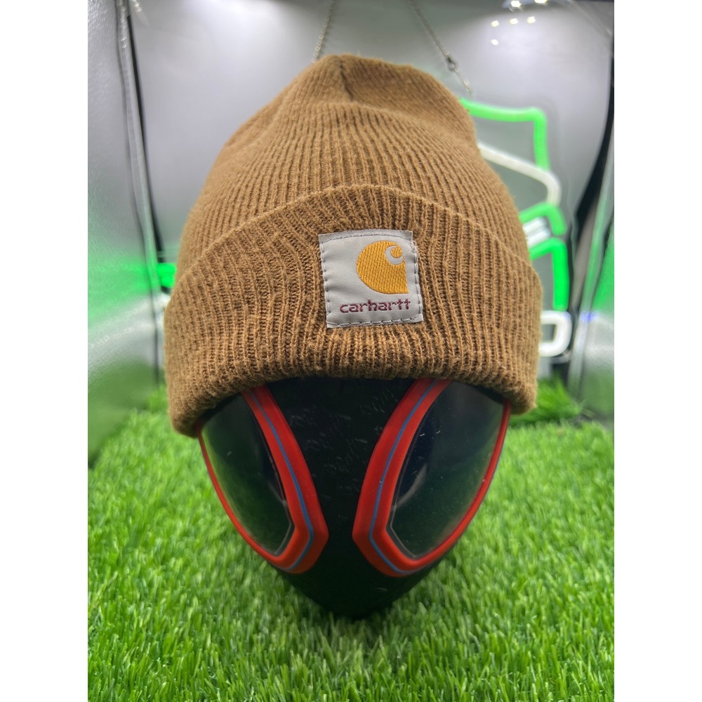 Carhartt Mens Brown Knit Beanie Cap Cuffed Logo Workwear Winter Warm‎